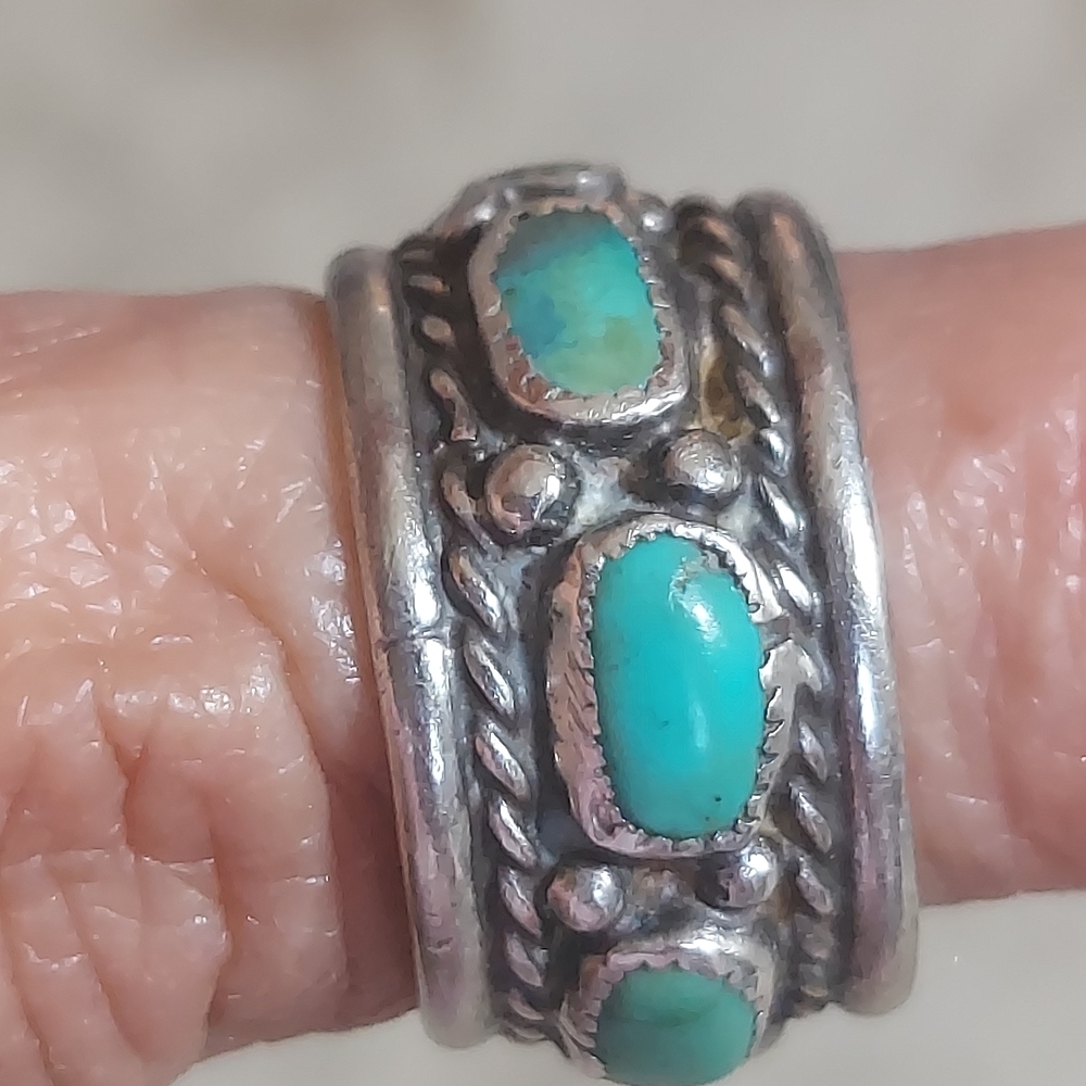 Vintage Sterling Silver Turquoise Boho Statement Band Ring - Picture 4 of 9